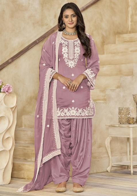 Onion Pink Embroidery Silk Kurta Set