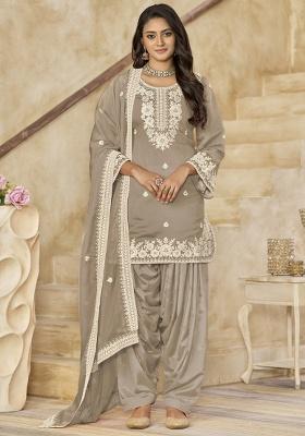 Beige Embroidery Silk Kurta Set