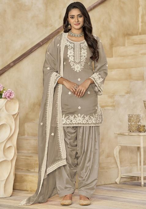 Beige Embroidery Silk Kurta Set