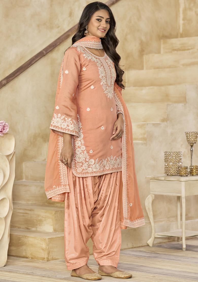 Light Orange Embroidery Silk Kurta Set - Indya