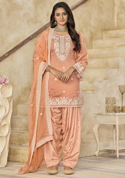 Light Orange Embroidery Silk Kurta Set