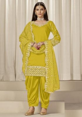 Yellow Embroidery Silk Kurta Set