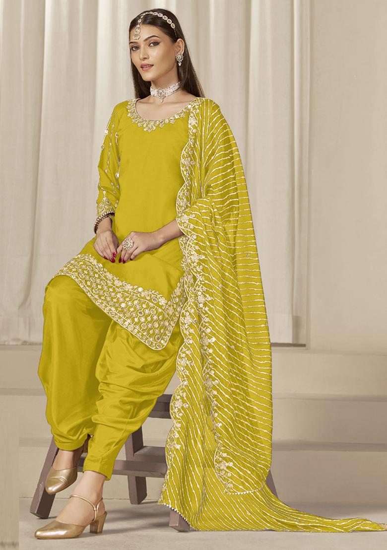 Yellow Embroidery Silk Kurta Set - Indya