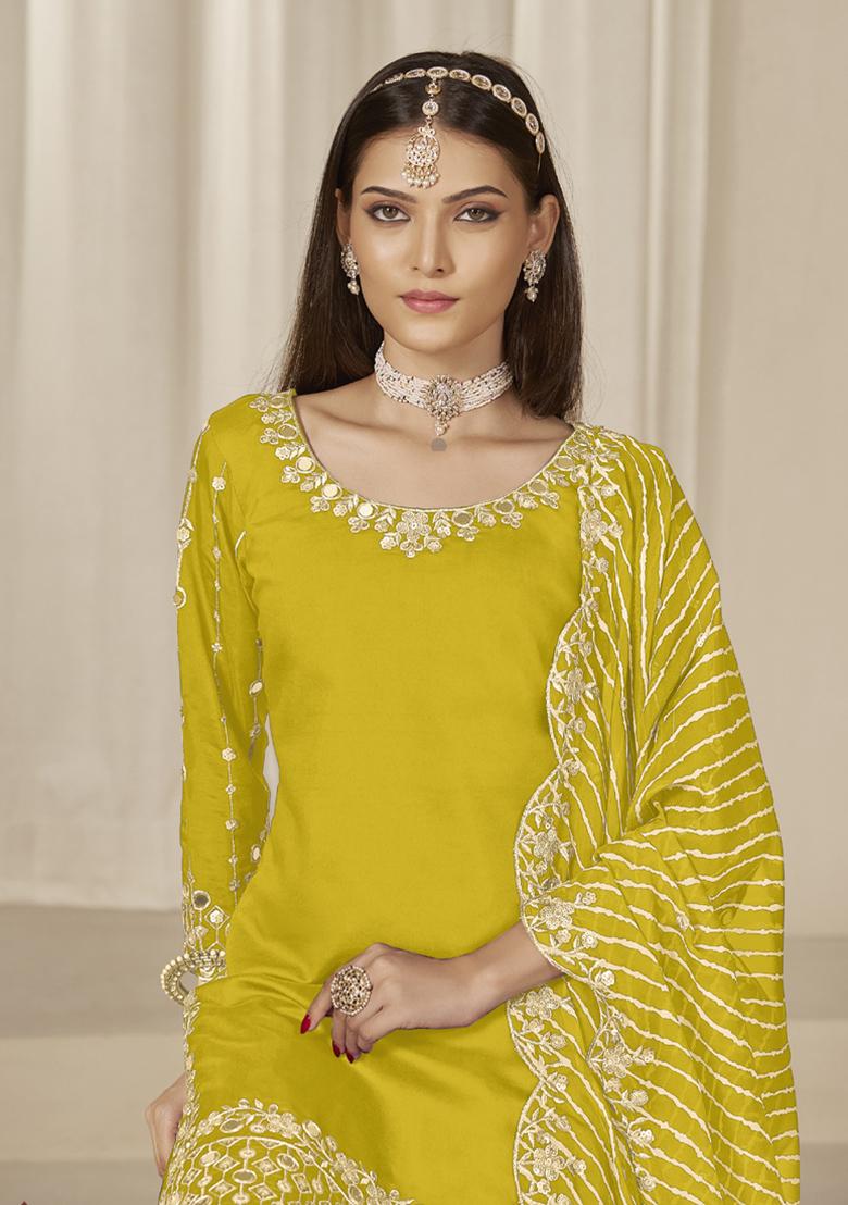 Yellow Embroidery Silk Kurta Set - Indya