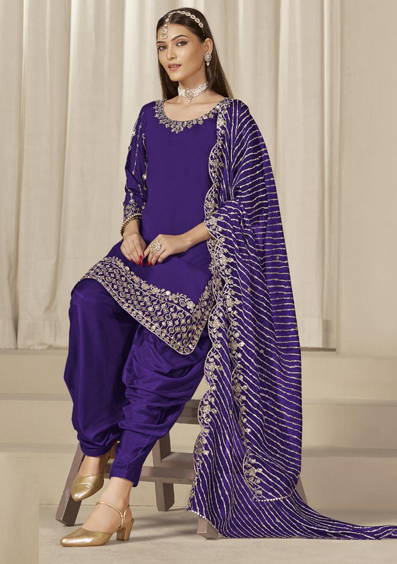 Violet Embroidery Silk Kurta Set - Indya