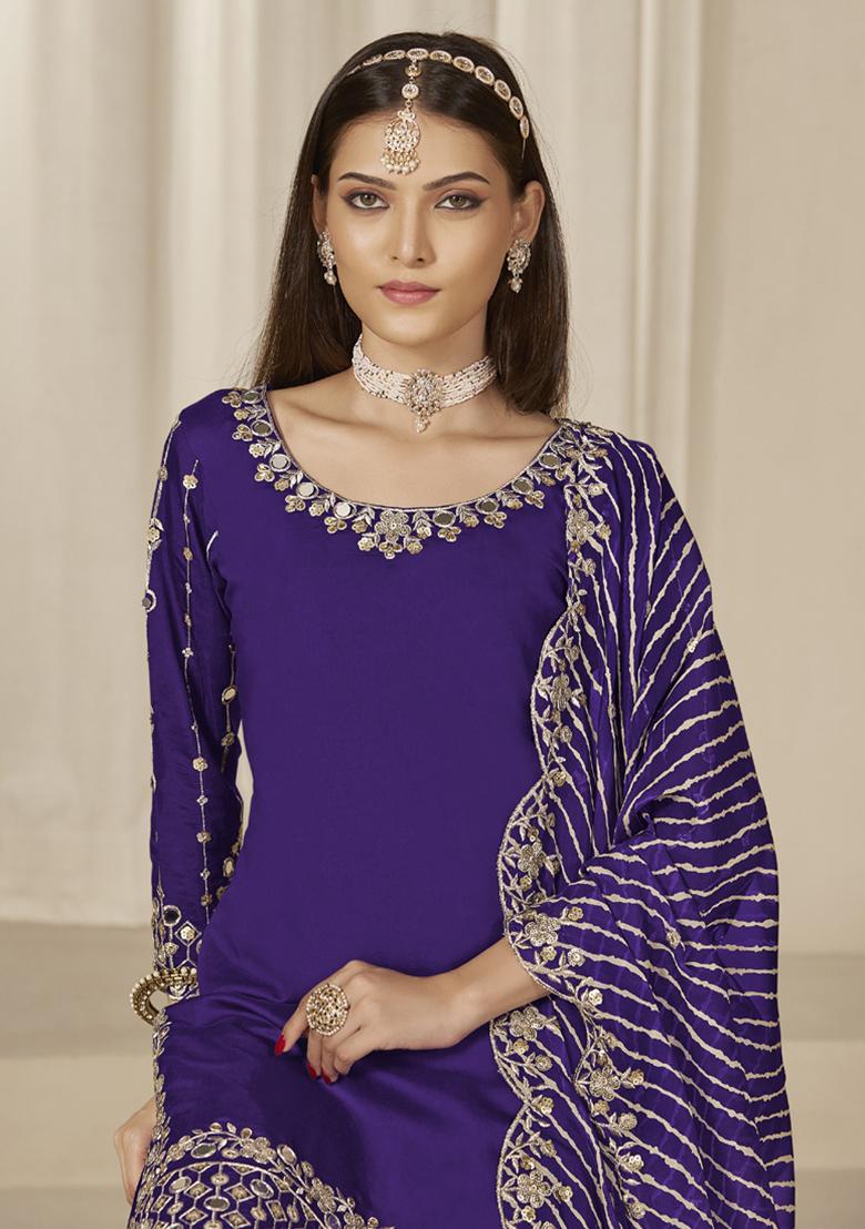 Violet Embroidery Silk Kurta Set - Indya