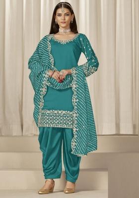 Turquoise Embroidery Silk Kurta Set