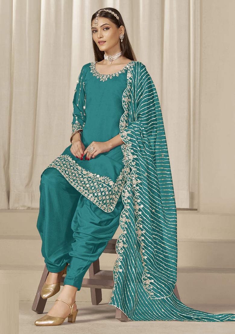 Turquoise Embroidery Silk Kurta Set - Indya