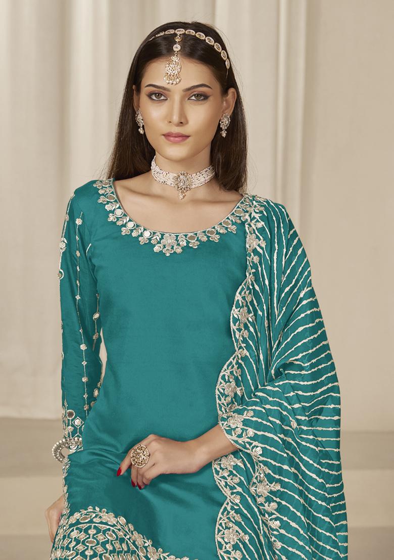 Turquoise Embroidery Silk Kurta Set - Indya