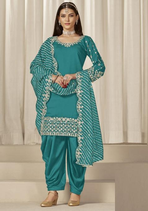Turquoise Embroidery Silk Kurta Set