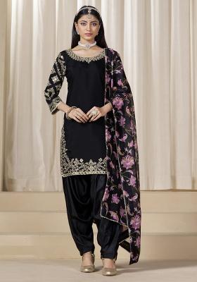 Black Embroidery Silk Kurta Set