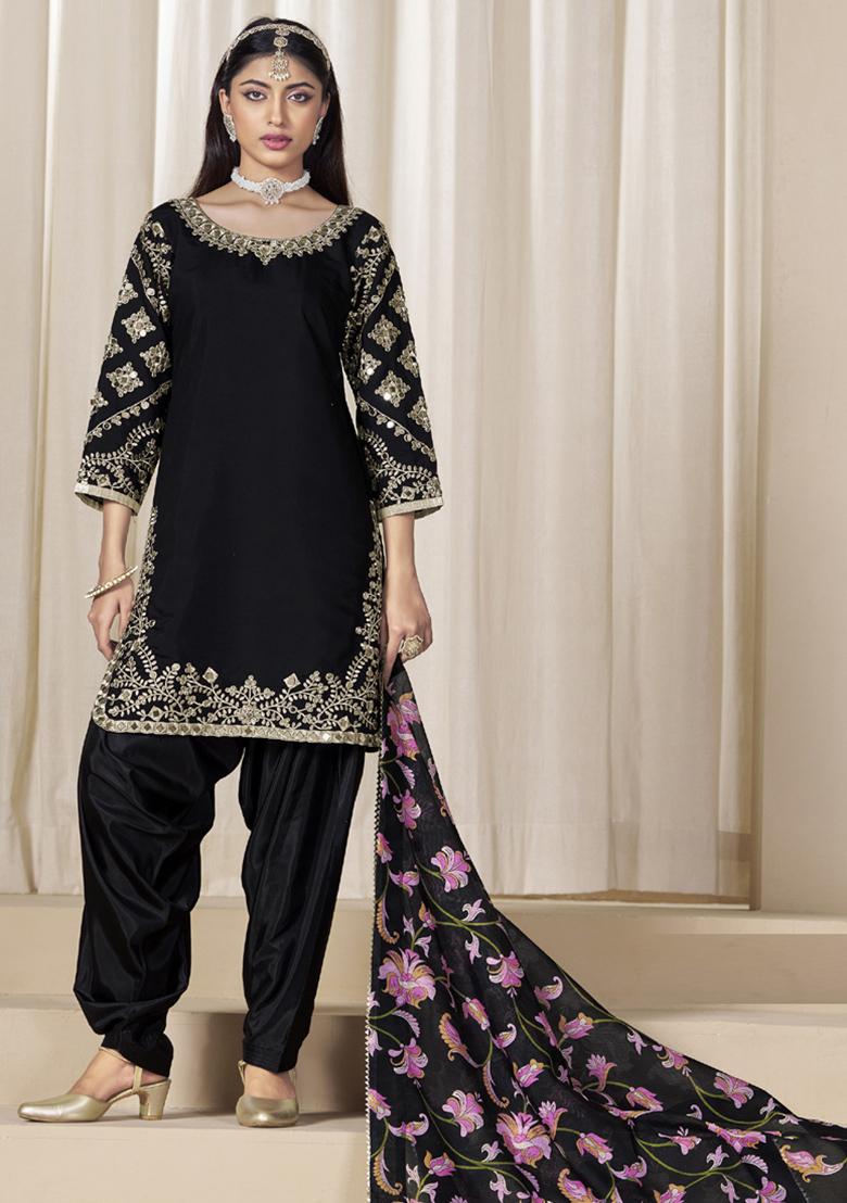 Black Embroidery Silk Kurta Set - Indya