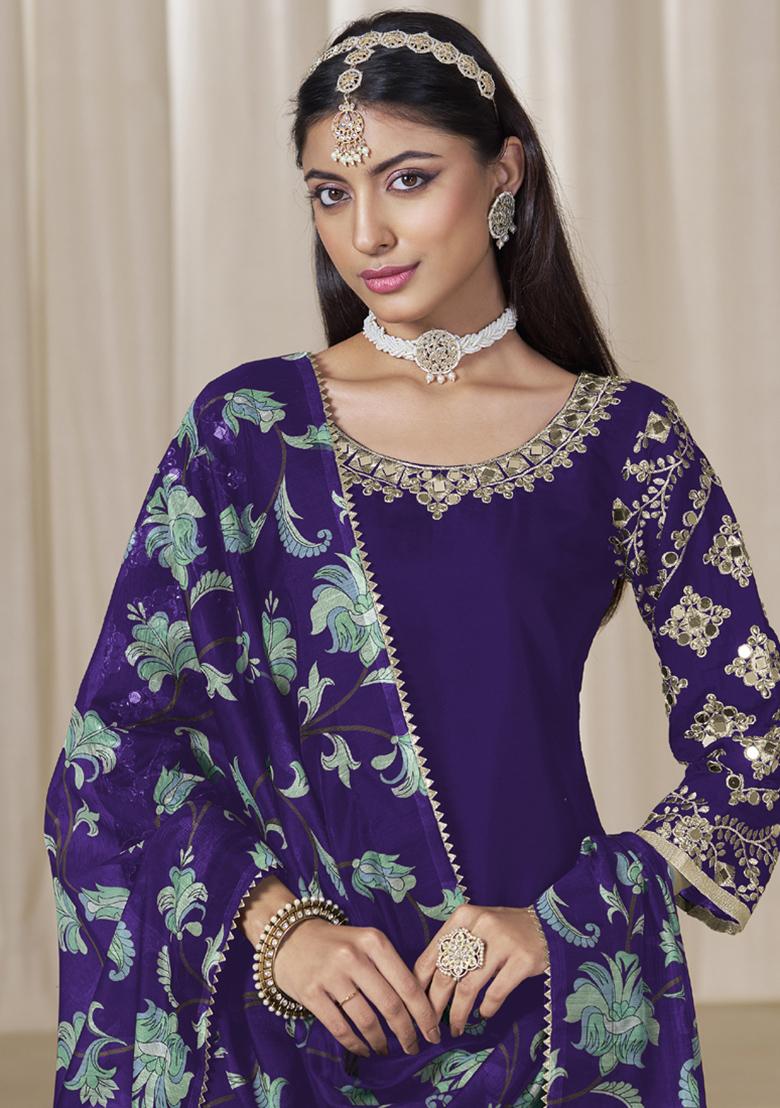 Violet Embroidery Silk Kurta Set - Indya
