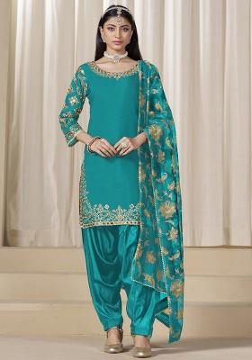 Turquoise Embroidery Silk Kurta Set