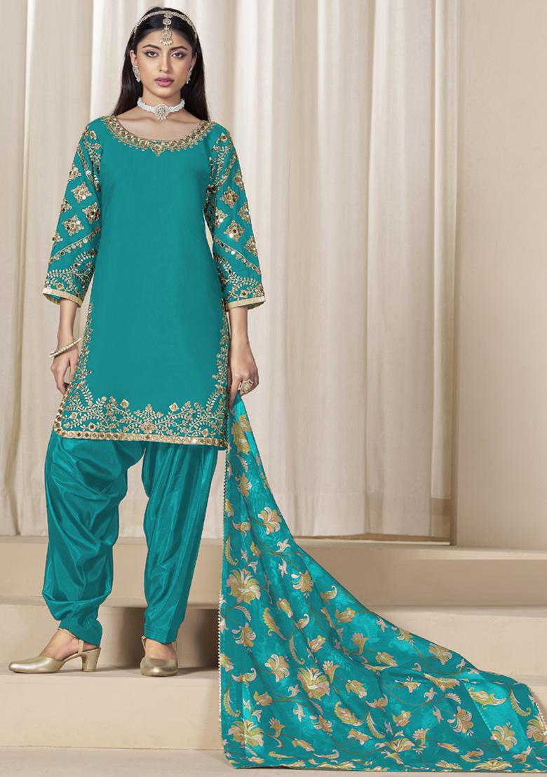 Turquoise Embroidery Silk Kurta Set - Indya