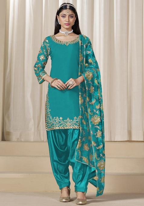 Turquoise Embroidery Silk Kurta Set