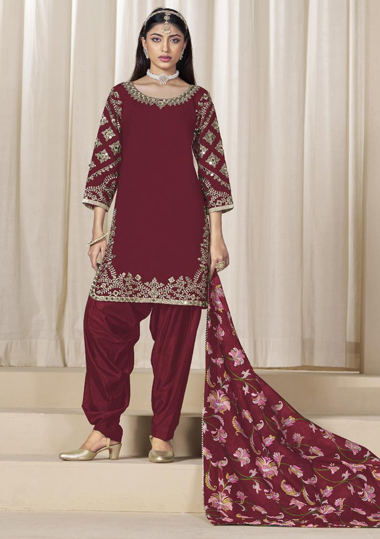 Maroon Embroidery Silk Kurta Set - Indya