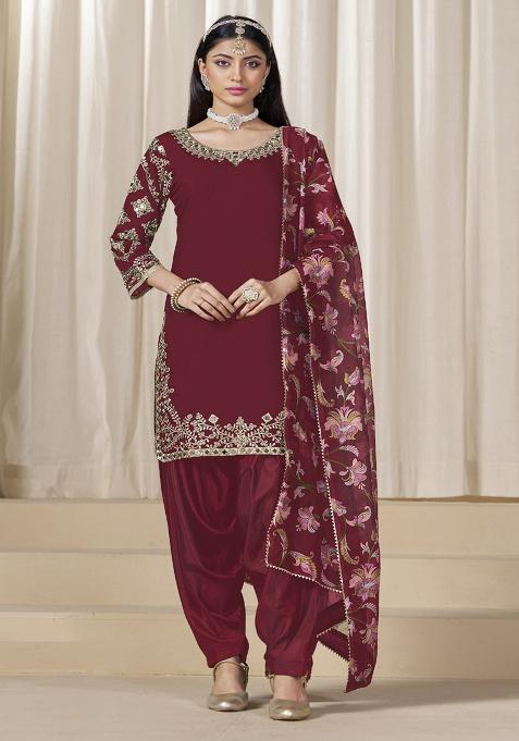 Maroon Embroidery Silk Kurta Set