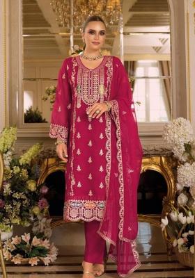 Maroon Embroidery Chinon Kurta Set