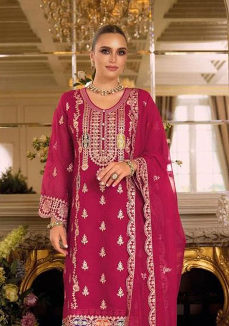 Maroon Embroidery Chinon Kurta Set - Indya