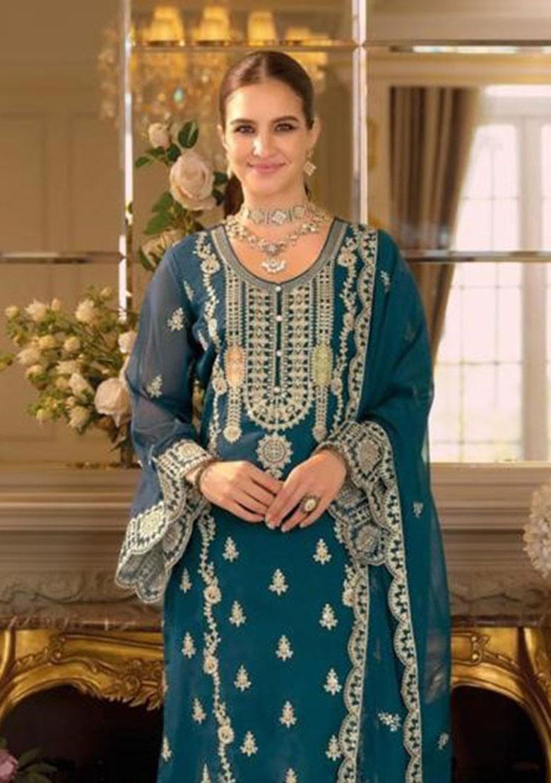 Light Green Embroidery Chinon Kurta Set - Indya