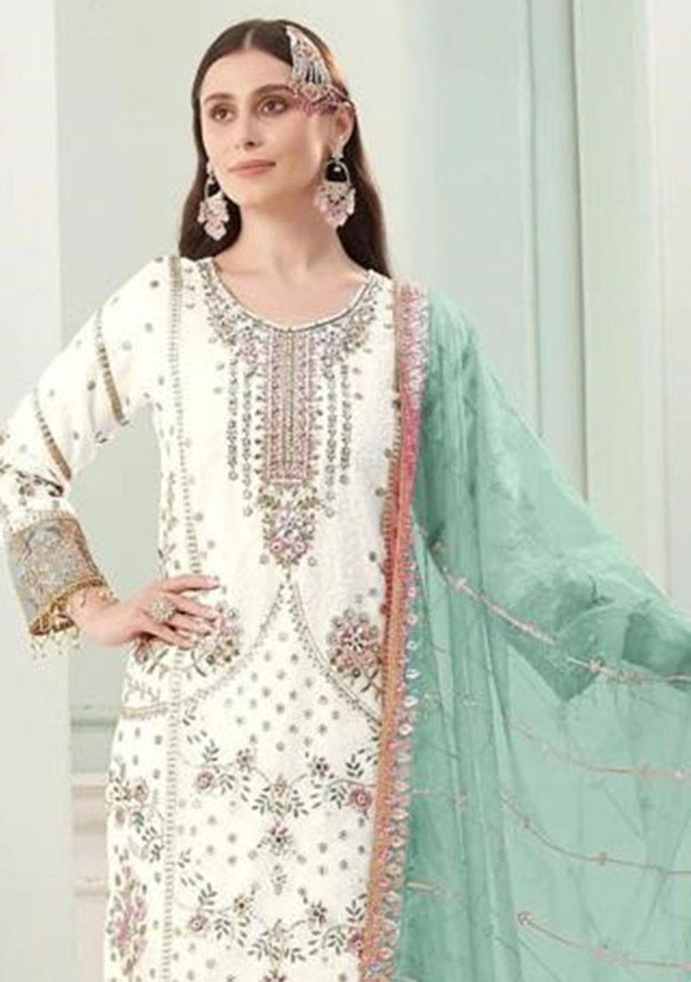 Green Dupatta Embroidery Georgette Kurta Set - Indya