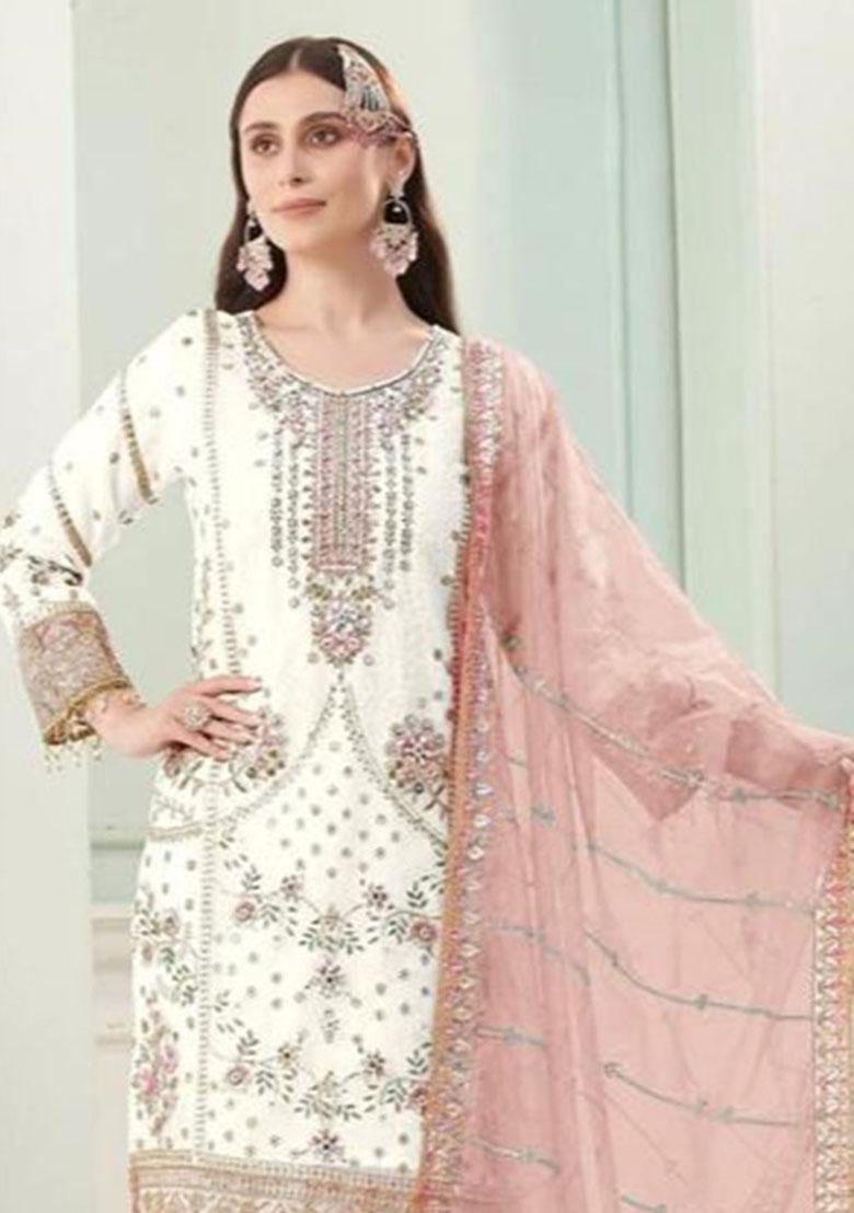 Pink Dupta Embroidery Georgette Kurta Set - Indya