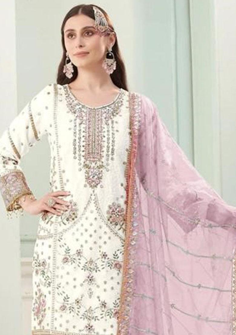 Dark Pink Dupatta Embroidery Georgette Kurta Set - Indya