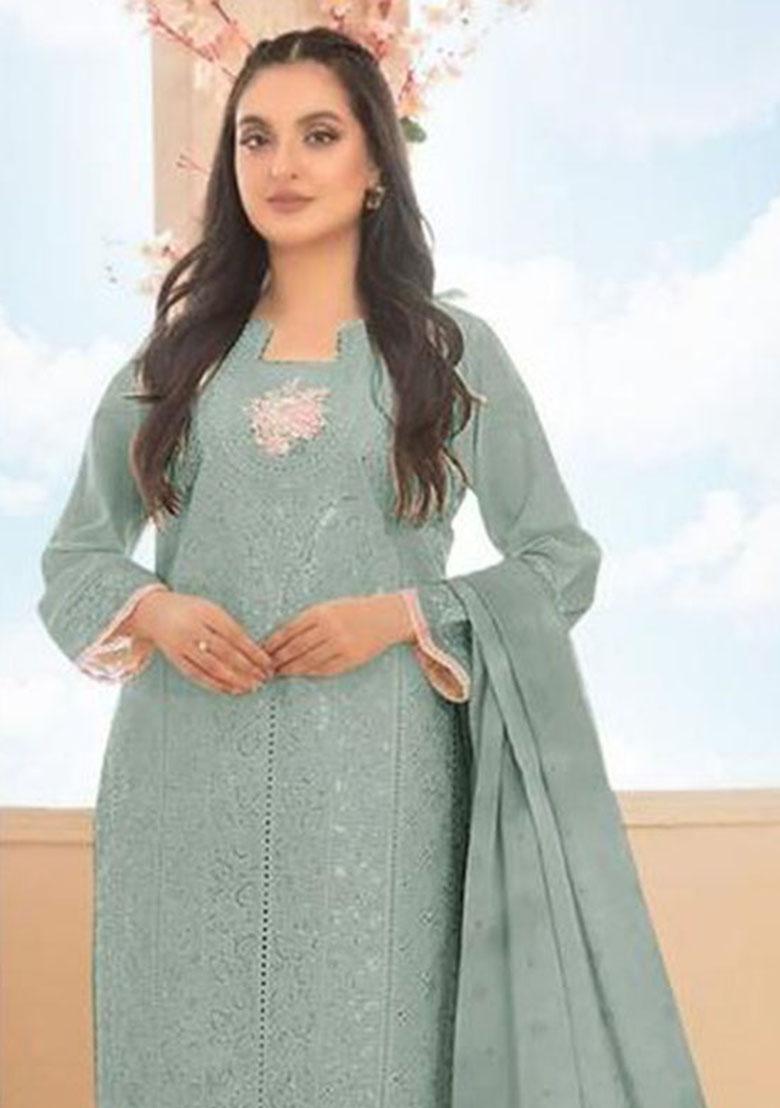 Light Green Embroidery Cotton Kurta Set - Indya