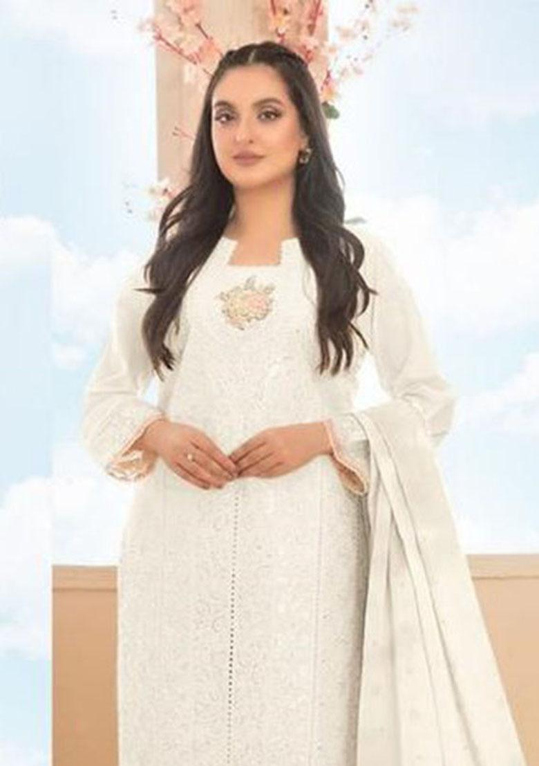 Off White Embroidery Cotton Kurta Set - Indya