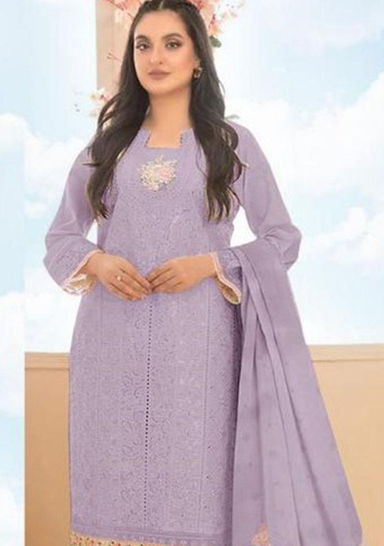 Purple Embroidery Cotton Kurta Set - Indya