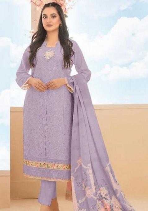 Purple Embroidery Cotton Kurta Set
