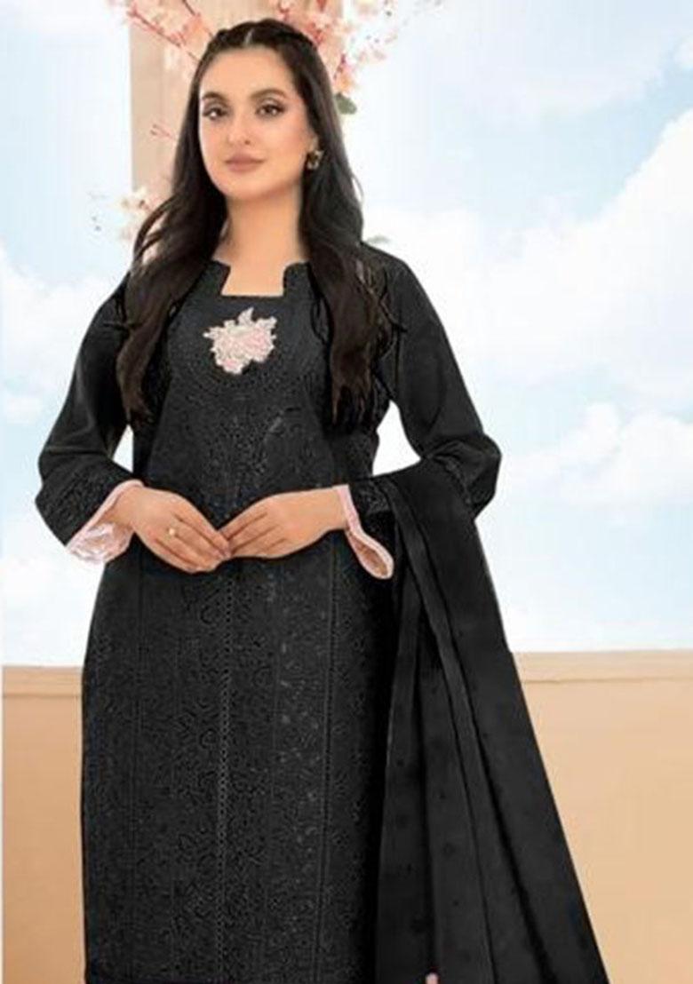Black Embroidery Cotton Kurta Set - Indya