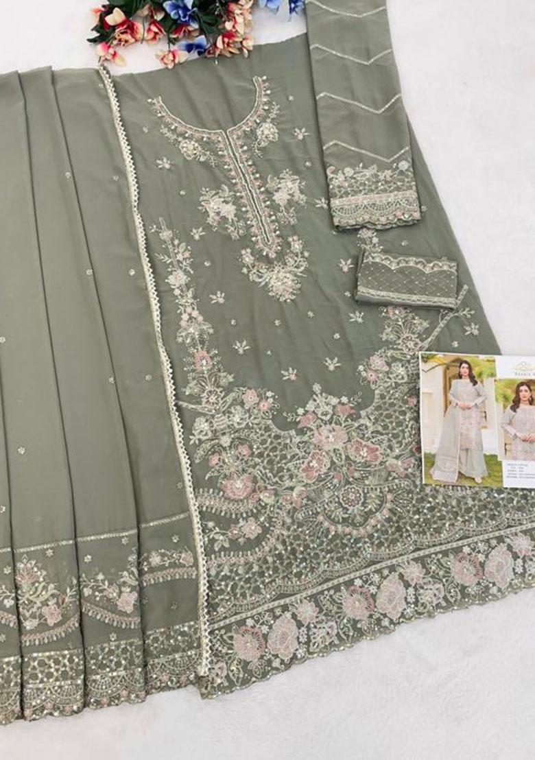 Olive Green Embroidery Georgette Kurta Set - Indya