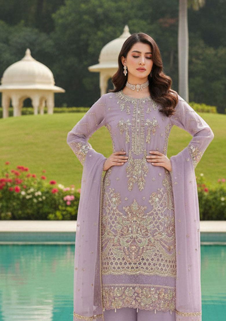 Purple Embroidery Georgette Kurta Set - Indya