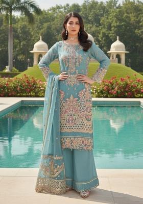 Turquoise Embroidery Georgette Kurta Set