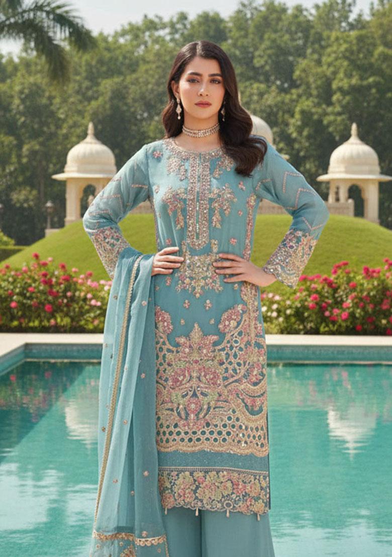 Turquoise Embroidery Georgette Kurta Set - Indya
