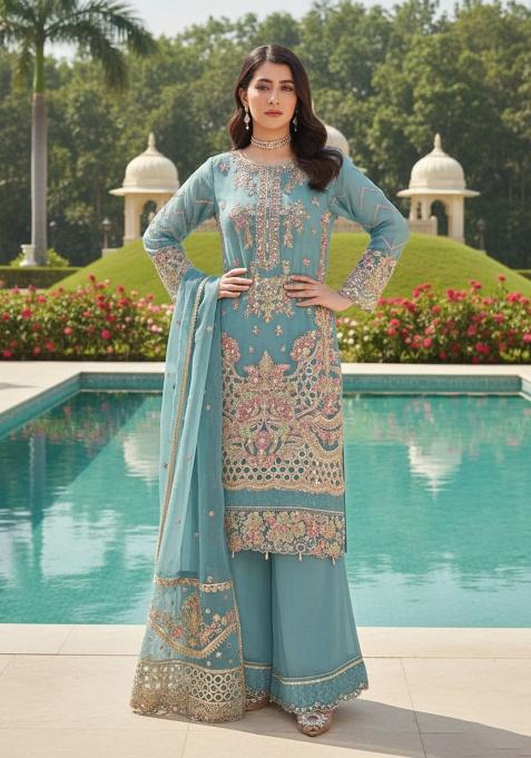 Turquoise Embroidery Georgette Kurta Set