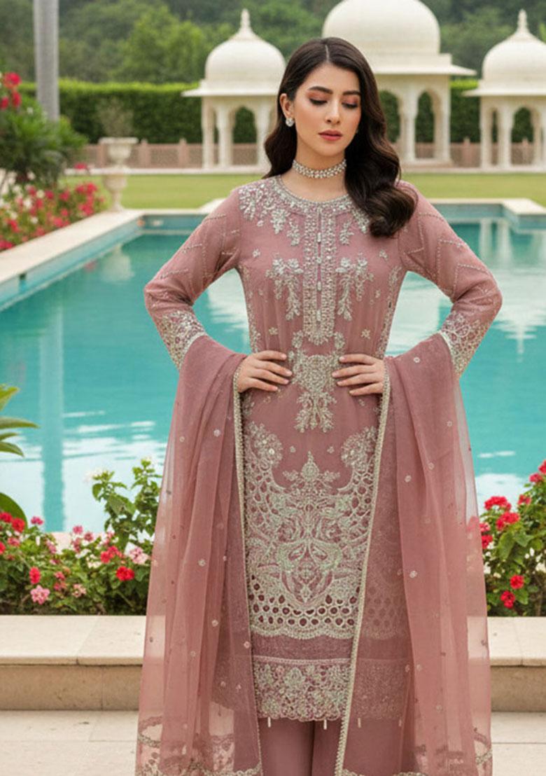 Coffee Embroidery Georgette Kurta Set - Indya