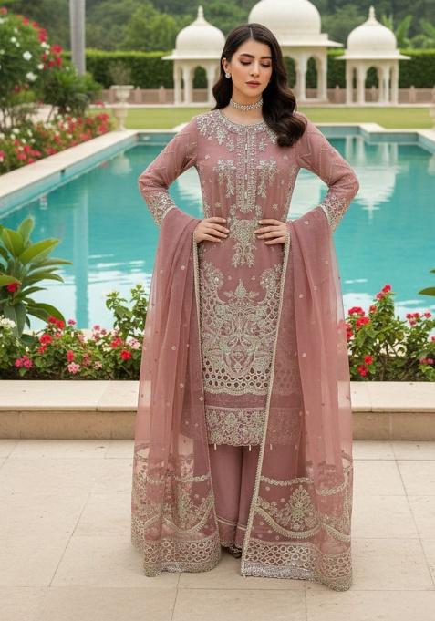 Coffee Embroidery Georgette Kurta Set