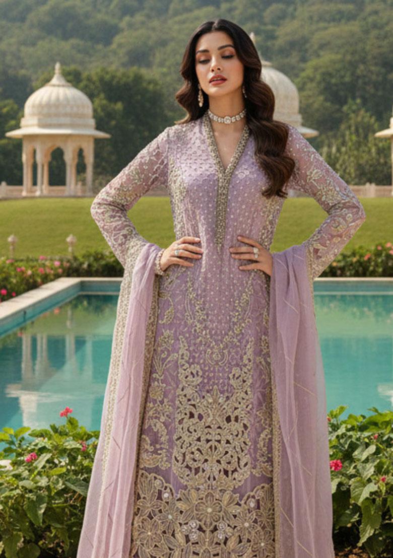 Purple Embroidery Georgette Kurta Set - Indya