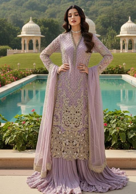 Purple Embroidery Georgette Kurta Set
