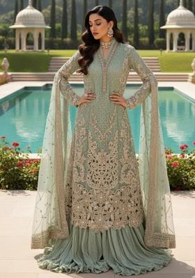 Green Embroidery Georgette Kurta Set