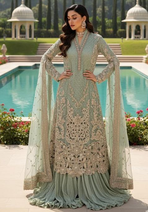 Green Embroidery Georgette Kurta Set