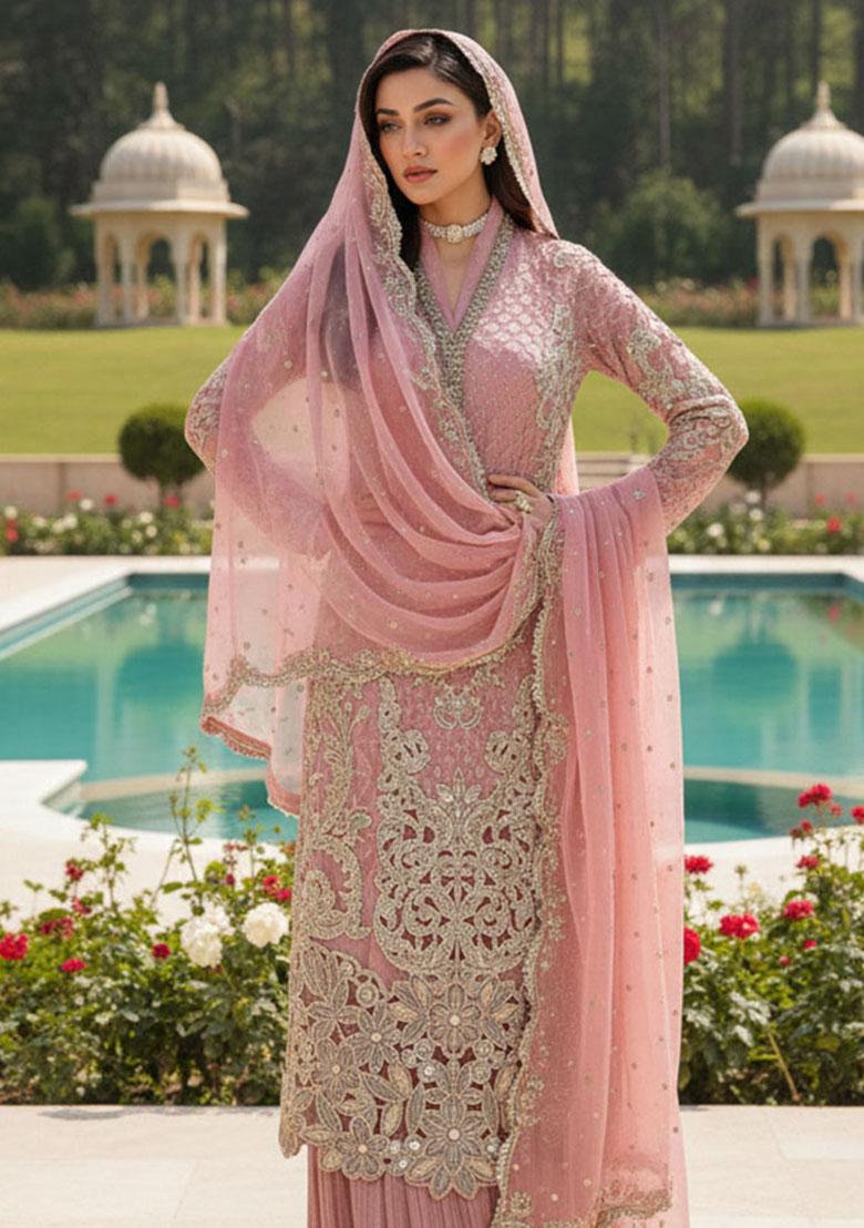 Pink Embroidery Georgette Kurta Set - Indya