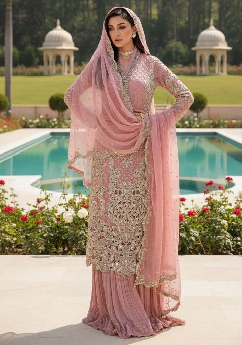 Pink Embroidery Georgette Kurta Set