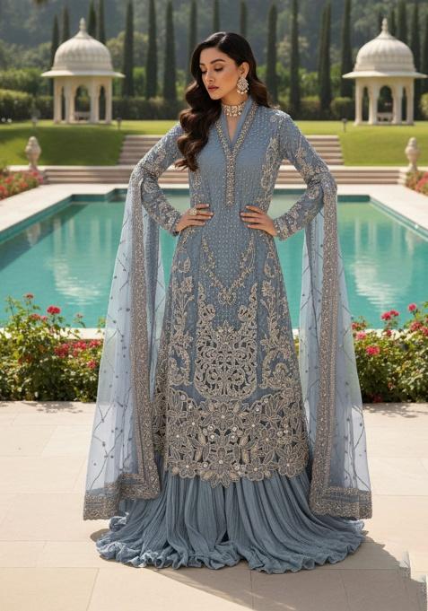 Light Blue Embroidery Georgette Kurta Set