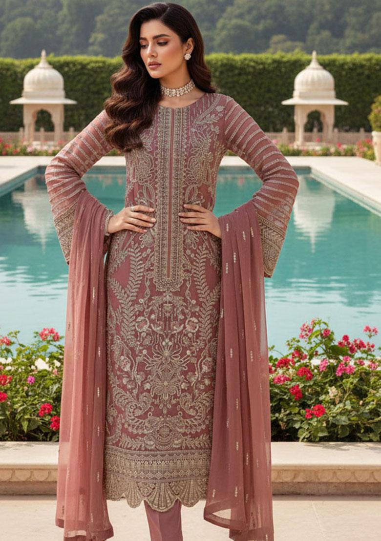 Pink Embroidery Georgette Kurta Set - Indya