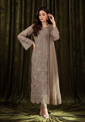 Beige Embroidery Georgette Kurta Set