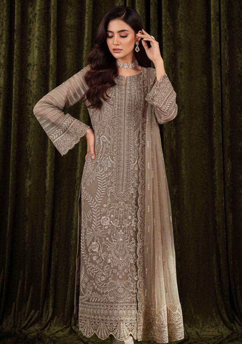 Beige Embroidery Georgette Kurta Set - Indya
